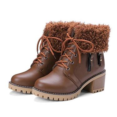 Imagem de Bigfanshu Botas femininas de cano baixo, modelos de cano redondo, moda grossa, com tubo curto, cor sólida, salto alto selvagem, Marrom, 41 M EU