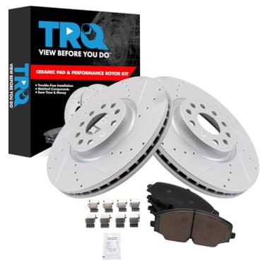 Imagem de TRQ Kit de pastilha de freio frontal e rotor premium de cerâmica revestida com G compatível com Volkswagen Atlas 2018-2019