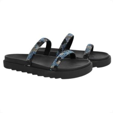 Imagem de Sandália Rasteira Feminina com Strass, Modelo Papete Ibiza, Brilhante (Preto, BR, Adulto, Numérico, 40)