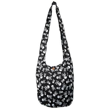 Imagem de Bolsa tiracolo de algodão - Bolsa grande Boho Hippie Hobo - 40 estampas - Bolsa transversal unissex, Caveira preta, Large