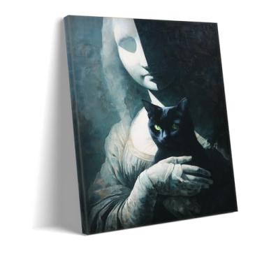 Imagem de Arte de parede moderna Mona Lisa e gato preto - Decoração contemporânea escura Academia | Impressão abstrata de decoração de casa para sala de estar quarto escritório (arte 3 cm x 71 cm emoldurada)