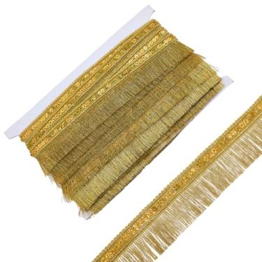 Imagem de GORGECRAFT 10 m x 35 mm com franja dourada com acabamento de franja metálica com lantejoulas douradas, fita de borla, acabamento de renda para costura, artesanato, roupas, cortina, enfeites de mesa