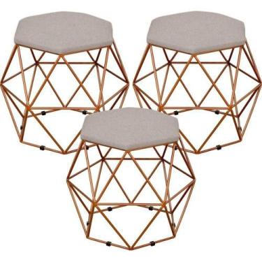 Imagem de Kit 03 Puffs Aramado Bronze Six L02 Linho Bege - LYAM DECOR