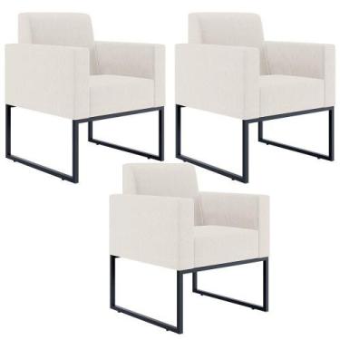 Imagem de Kit 03 Poltronas Base Fixa De Metal Helô L02 Linho Cru - LYAM DECOR