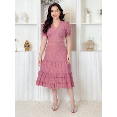 Imagem de Vestido Midi Lese Bordado Festa Madrinha com Manga Curta Sofisticado -
