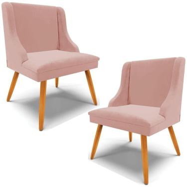 Imagem de Kit 2 Cadeiras Decorativas Sala De Jantar Pés Palito De Madeira Firenze Veludo Rosê/natural G19