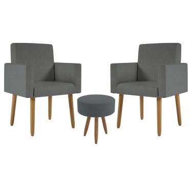 Imagem de Kit 2 Poltronas Cadeira Recepção Nina Com Puff Balaqui Decor Cinza