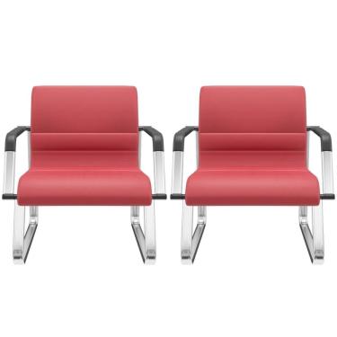 Imagem de Kit 02 Cadeiras De Escritório Recepção Fixa Pés Cromado Lev P03 Vinil Vermelho - Lyam Decor