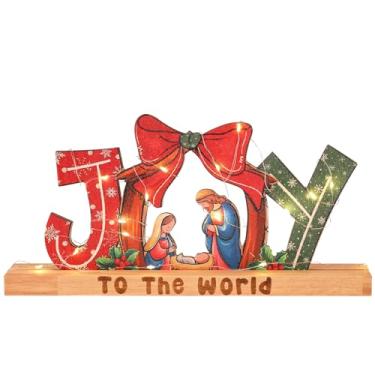 Imagem de Thyle Decorações de Natal para casa, placa de alegria iluminada com laço, bandeja de presépio de madeira rústica em camadas, decorações de mesa, centros de mesa para mesas, Natal, inverno, férias