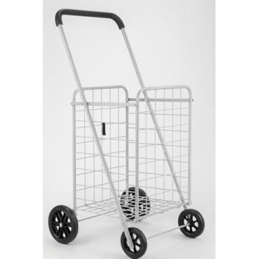 Imagem de J&V TEXTILES Carrinho de compras dobrável com cestas duplas, rodas giratórias de 360°, carrinho utilitário resistente para lavanderia e mercearia, capacidade de 50 kg (prata)