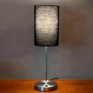 Imagem de Abajur Luminária de Mesa Clássico Redondo Escovado Com Interruptor e Cúpula de Algodão Preto Decoração Iluminação Casa, Sala, Escritorio, Quarto