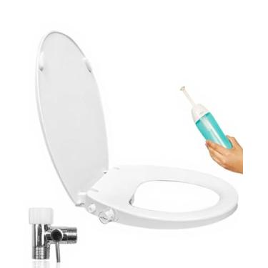 Imagem de GenieBidet Bidê alongado de fechamento lento, bico duplo, bidê autolimpante, com pressão de água ajustável - sem fiação, instalação fácil, assento de vaso sanitário alongado - adaptador T e garrafa de
