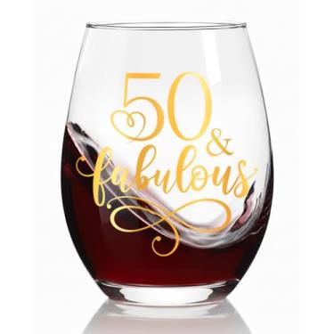 Imagem de Ymzkpoa Presentes dourados de aniversário de 50 anos para mulheres, mãe, esposa, amigas, irmã, taça de vinho sem haste de 50 anos e fabulosa, suprimentos para lembrancinhas de festa de feliz