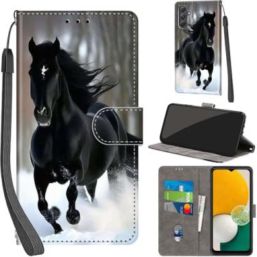Imagem de Salanheo Capa carteira para Samsung Galaxy A54 5G, com [3 compartimentos para cartões], fecho magnético com suporte, capa protetora flip de couro PU à prova de choque de 6,4 polegadas, neve e cavalos