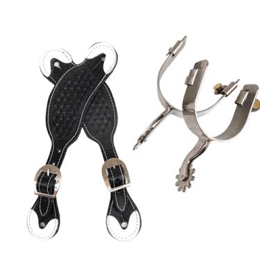 Imagem de Kit Profissional para Quarto de Milha com Correia Esteirada em Couro e Espora Inox, Conjunto de Montaria com Fivelas Prateadas, 4 Cores Disponíveis (Preto)