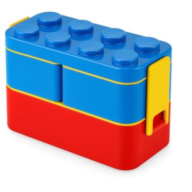 Imagem de Lancheira Infantil Em Formato Bloco de Montar, A Lancheira Super divertida, com Divisórias Ajustáveis, com Talheres Embutidos, 3 em 1, Livre de BPA (Azul)