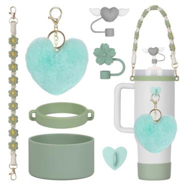 Imagem de Rabrgab Conjunto de 7 peças de acessórios para copo Stanley verde com alça, Love Heart 7 Flower Straw Topper tampa de palha, bota de silicone, pingentes de coração de amor para copo de garrafa de água
