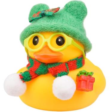 Imagem de CoFuBcad Pato de borracha de Natal de 7,9 cm, decorações engraçadas de painel de carro de pato amarelo com chapéu, cachecol e óculos de sol, enfeites de carro de patinho estridente, acessórios de mesa