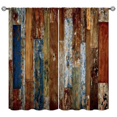Imagem de YCness Cortinas rústicas de madeira rural, quinta, madeira, porta de celeiro, impressas, para quarto, sala de estar, cozinha, decoração, conjunto de tecido, 2 painéis, 106 x 113 cm, taxa de