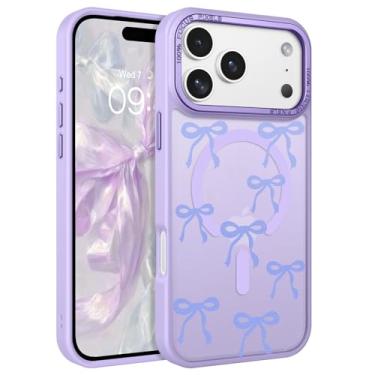 Imagem de BENTOBEN Capa magnética para iPhone 17 Pro Max com lindo padrão de laços de fita, [compatível com MagSafe] Capa protetora feminina fina fosca translúcida para iPhone 17 Pro Max de 6,9 polegadas, roxo