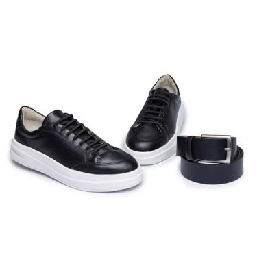 Imagem de ThézB Sapatênis Casual Masculino em Couro Sintético, Confortável e Moderno, com Sola Tratorada e Cinto de Couro, para Uso Social e Casual (Preto e Branco, BR, Adulto, Numérico, 42)