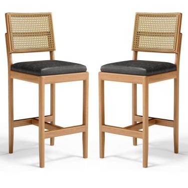 Imagem de Kit Com 2 Banqueta Milena Madeira Maciça Assento Estofado Encosto De Tela Palha Sextavada Courino Preto 503