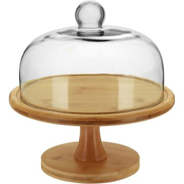 Imagem de Prato Bolo Com Pé 27X26X26Cm Bambu Natural Tampa Vidro
