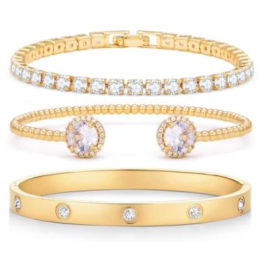 Imagem de Arthur Liu Conjunto de pulseiras femininas de ouro e prata 14K com zircônia cúbica para presente moderno, One Size, Aço inoxidável, cobre, Zircônia cúbica