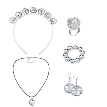 Imagem de Velorique 5 peças de bola de discoteca com brincos, faixa de cabeça, anel, pulseira, colar para mulheres, roupas de discoteca dos anos 70, acessórios de lantejoulas