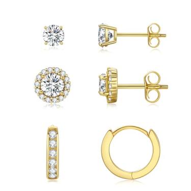 Imagem de Miss Glorael Conjunto de 3 pares de brincos banhados a ouro 14K - Brincos e argolas de zircônia cúbica, pinos de prata S925, joias versáteis para mulheres, ideal para uso diário com presentes, 0.2in