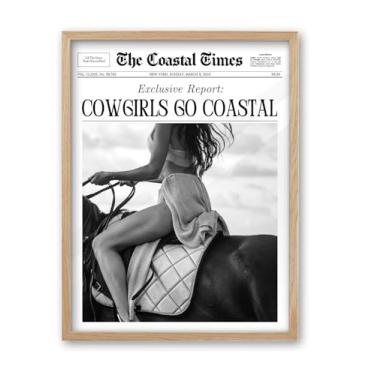 Imagem de iHery Cowgirls Go Coastal NewsPaper Arte de parede em tela, madeira de carvalho natural grande 40,6 x 50,8 cm, decoração de parede para quarto, tempos modernos de equitação ocidental para dormitório