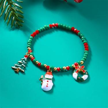 Imagem de Pulseira de Natal com pingente de Papai Noel com contas de boneco de neve pendurada com cordão elástico pulseiras elásticas de Natal para festas femininas, One Size, Liga de aço, Sem Pedra Preciosa