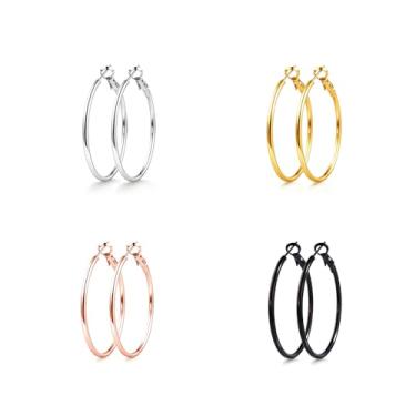 Imagem de Newless 4 pares de brincos de argola grandes para mulheres, conjunto de brincos de aço inoxidável dourado, prata, ouro rosa, preto, argolas leves, Aço inoxidável, Sem Pedra Preciosa
