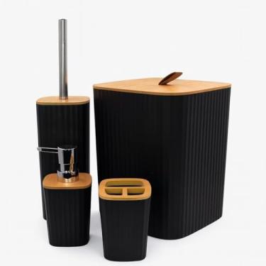 Imagem de Kit Banheiro 4 Peças Tampa Bambu e Plástico Lixeira Escova Snitária Porta Escova e Sabonete Líquido(Kit 4 peças Branco Redondo)