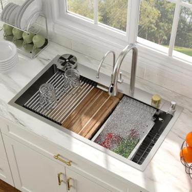 Imagem de Pia de cozinha com cascata de 83 cm, pia de cozinha inteligente para estação de trabalho, 83 x 48 cm, 16 calibres, tigela única, conjunto de pias multifuncionais e torneira de cachoeira com lavadora