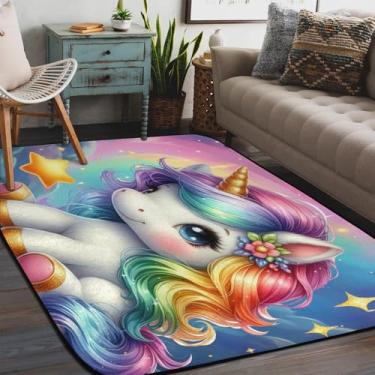 Imagem de Tapete de área para sala de estar, lavável à máquina, arco-íris, adorável unicórnio, tapete antiderrapante, tapete macio para sala de estar, quarto, sala de jantar, berçário, cozinha, decoração de