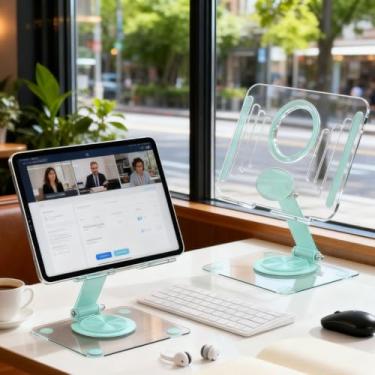 Imagem de Suporte de tablet de acrílico verde menta, suporte ajustável de rotação de 360° para telefones e tablets, modelo universal de exibição de mesa para escritório em casa