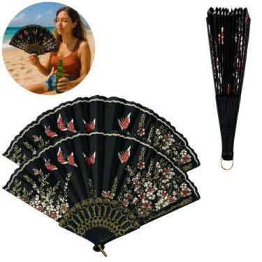 Imagem de 2 Leques Decorativo com Borboletas e Flores Estilo Oriental - Freecom