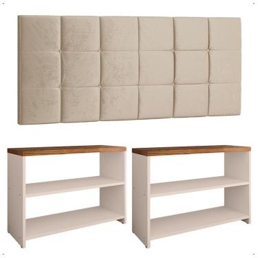 Imagem de Kit Sapateira Compacta Assento Banquinho Quarto Off White/Freijó Cabeceira Cama Box King Size 1,95 Areia Suede - Lojas RPM