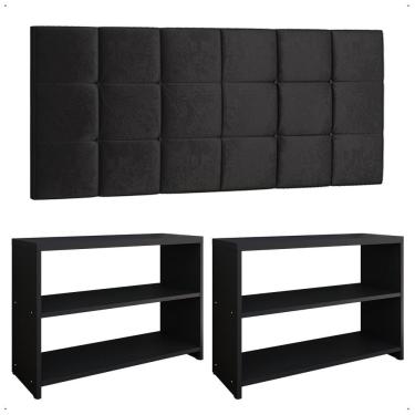 Imagem de Kit Sapateira Compacta Assento Banquinho Quarto Preto Cabeceira Cama Box King Size 1,95 Suede - Lojas RPM