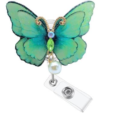 Imagem de Carretel de crachá de borboleta, clipe retrátil, suporte de crachá de identificação para estudante de enfermagem RN LPN CNA MA trabalhador médico professor médico clipe acessórios verde