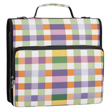 Imagem de CEBUGI Fichário de 3 anéis com zíper com alça de ombro, pasta de arquivo expansível de 3,8 cm, anéis D, para escola, escritório, tabuleiro de xadrez colorido