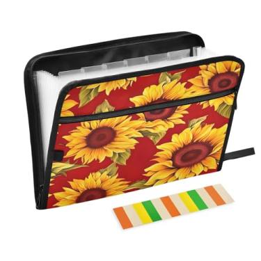 Imagem de Wassud Pasta organizadora de arquivos de papel A4 com estampa de girassol com etiquetas e pasta de arquivo expansível com 13 bolsos