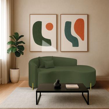 Imagem de Divã Recamier Curvo Sala De Estar Recepção Inglaterra 200cm Pés Metal Dourado Lado Direito Linho Verde