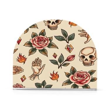 Imagem de xigua Porta-guardanapos retrô com padrão de crânio rosa para mesas, porta-guardanapos de papel de placa acrílica elegante, dispensador de papel de seda independente moderno para sala de jantar, sala