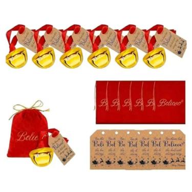 Imagem de Conjunto de 18 sinos de Natal com cabides de sacos vermelhos flocados, sinos de árvore de Natal de metal, etiquetas de enfeites de rena de Papai Noel, Ação de Graças, decorações de celebrações de