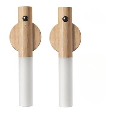 Imagem de KIT2 Arandela de Parede LED Recarregável Sensor Movimento Madeira Magnética Sem Fio Luz Noturna Quarto Sala, Luz Noturna Automática para Quarto, Corredor e Guarda-Roupa(Cor Primária-2 peça)