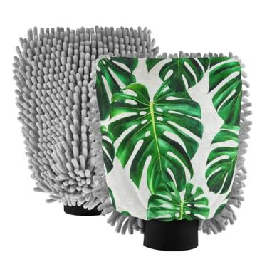 Imagem de STAYTOP Luvas de lavagem de carro com folhas de palmeira verde, 2 peças, luvas de microfibra de chenille, sem arranhões, panos de esponja de lavagem ultra absorventes para carros, limpeza doméstica