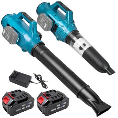 Imagem de Soprador de folhas sem fio sem escova, soprador alimentado por bateria de 18 V 600 W com 2 pilhas e carregador de 4,0 Ah, 6 níveis de velocidade, soprador de folhas de bateria leve de 15000 RPM para