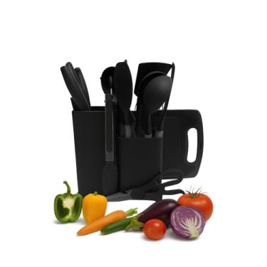 Imagem de Kit Completo Utensílios de Cozinha Silicone 19 Peças com Suporte + Facas Inox e Tábua | Não Risca, Resistente ao Calor, Premium